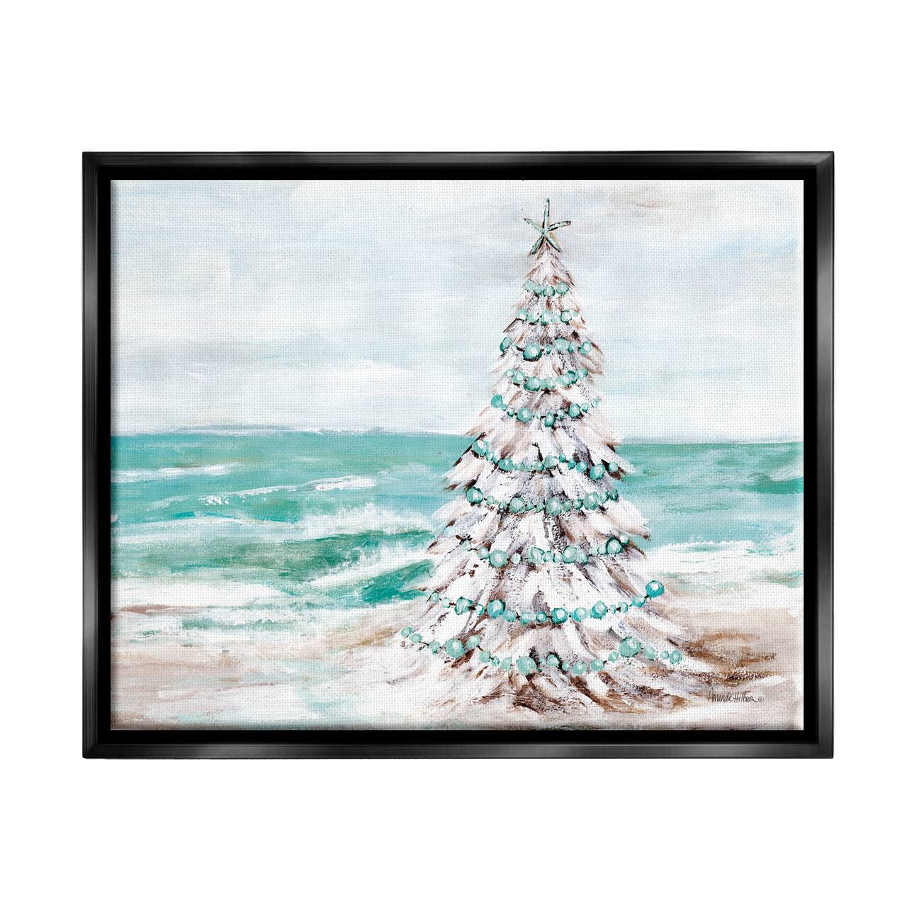 Stupell Industries Snowy Christmas Tree Beach Shore Framed Floater Canvas Wall Art